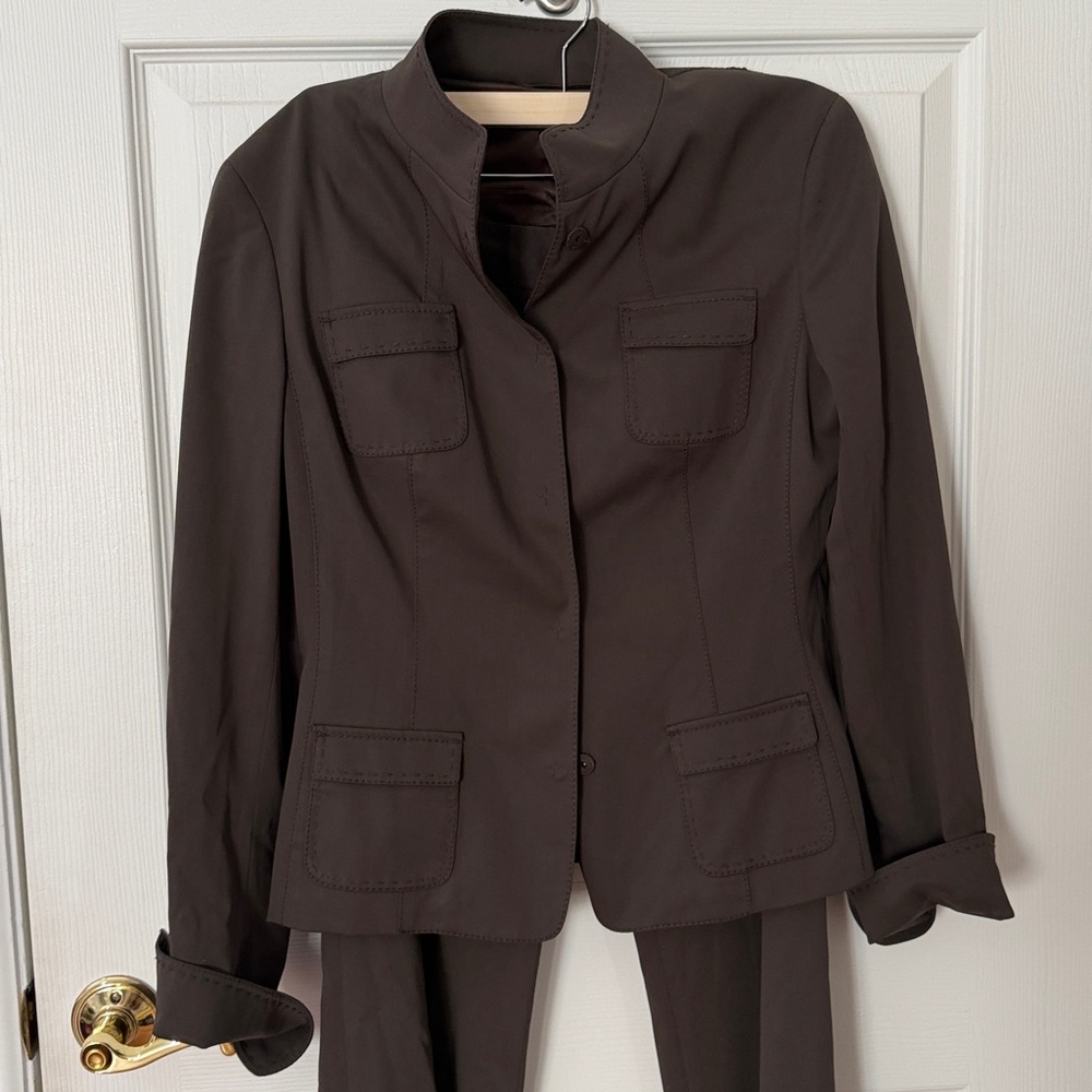 Elie Tahari Chocolate Brown suit, military style top fits like a M bottom L